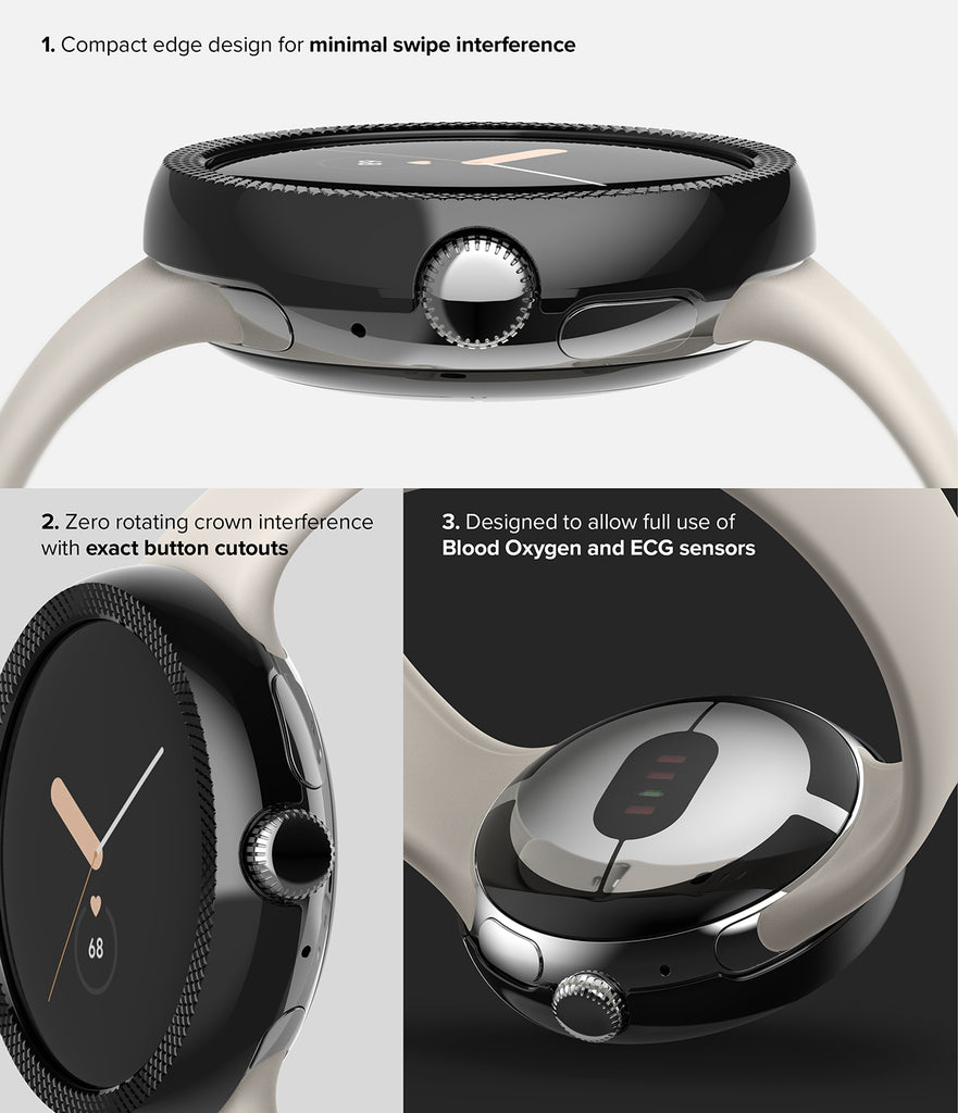 1. Compact edge design for minimal swipe interference. 2. Zero rotating crown interference with exact button cutouts. 3. Designed to allow full use of Blood Oxygen and ECG sensors.