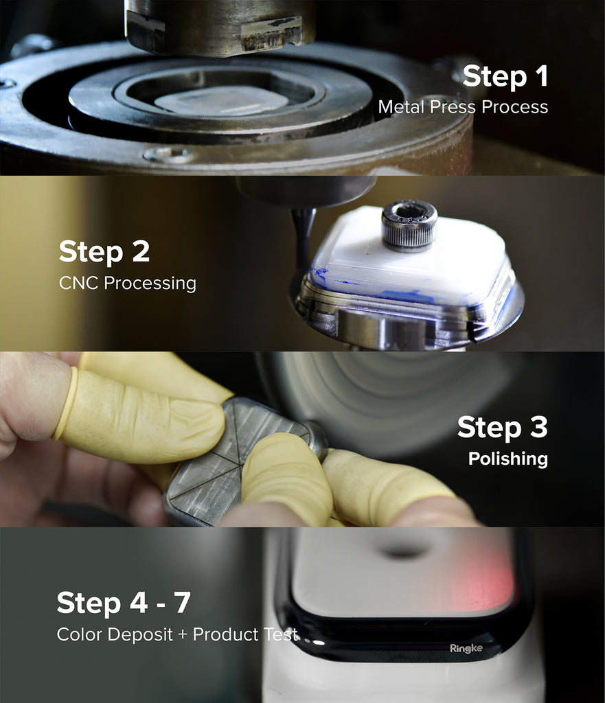 Step 1 - Metal Press Process, Step 2- CNC Processing, Step 3 - Polishing, Step 4 ~ 7 - Color Deposit + Product Test.