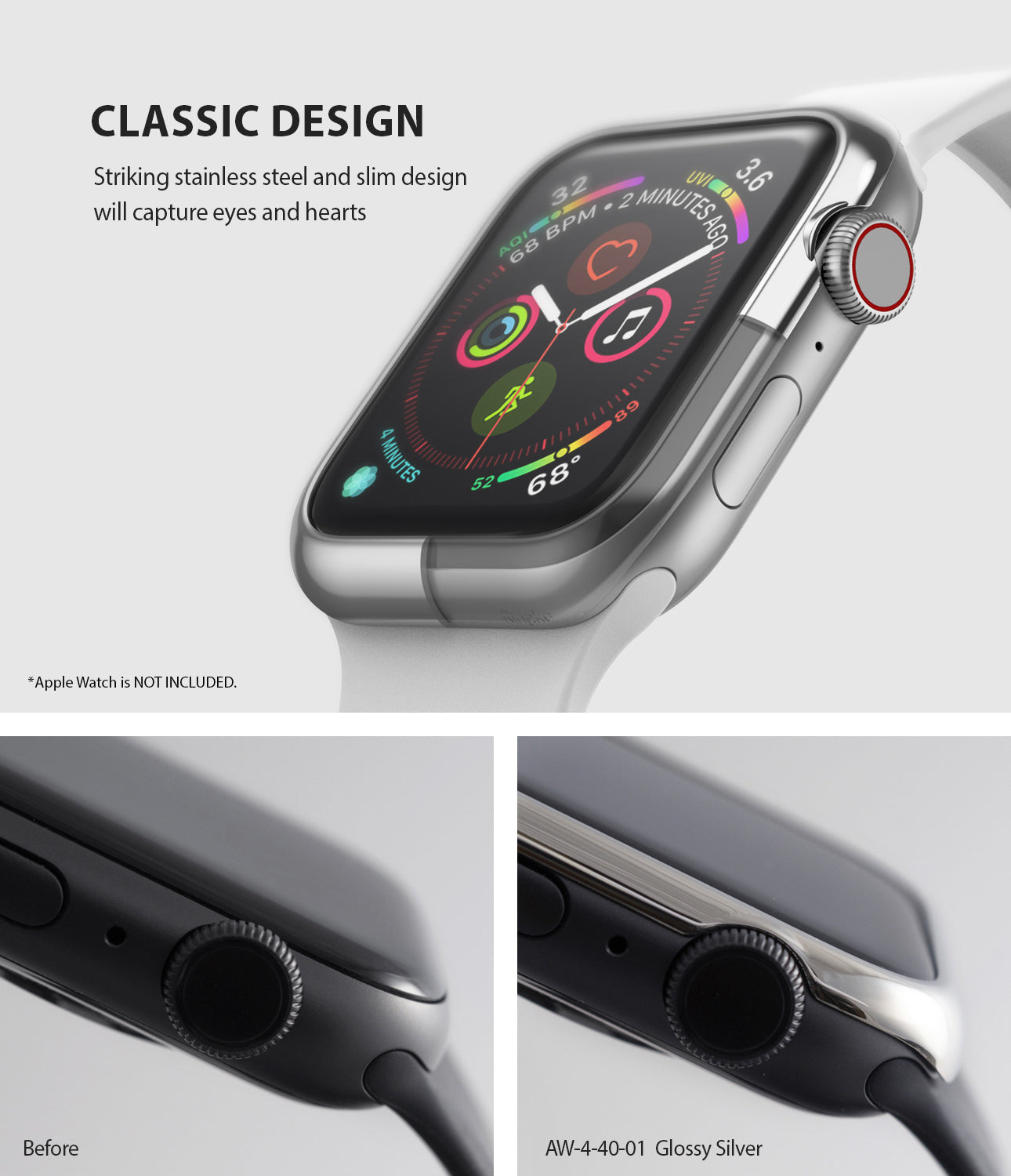 ringke bezel styling 40-01 glossy silver stainless steel on apple watch series 6 / 5 / 4 / SE 40mm classic design