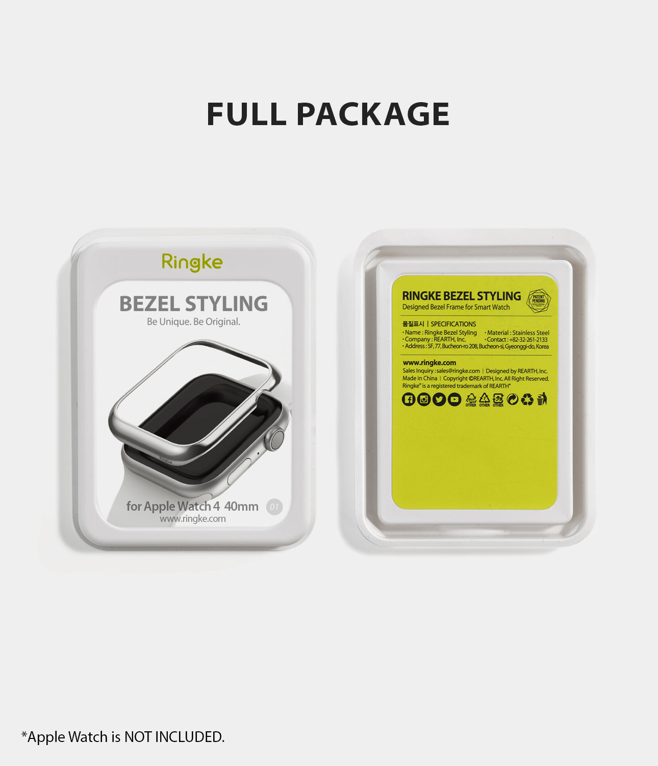 ringke bezel styling 40-01 glossy silver stainless steel on apple watch series 6 / 5 / 4 / SE 40mm full package