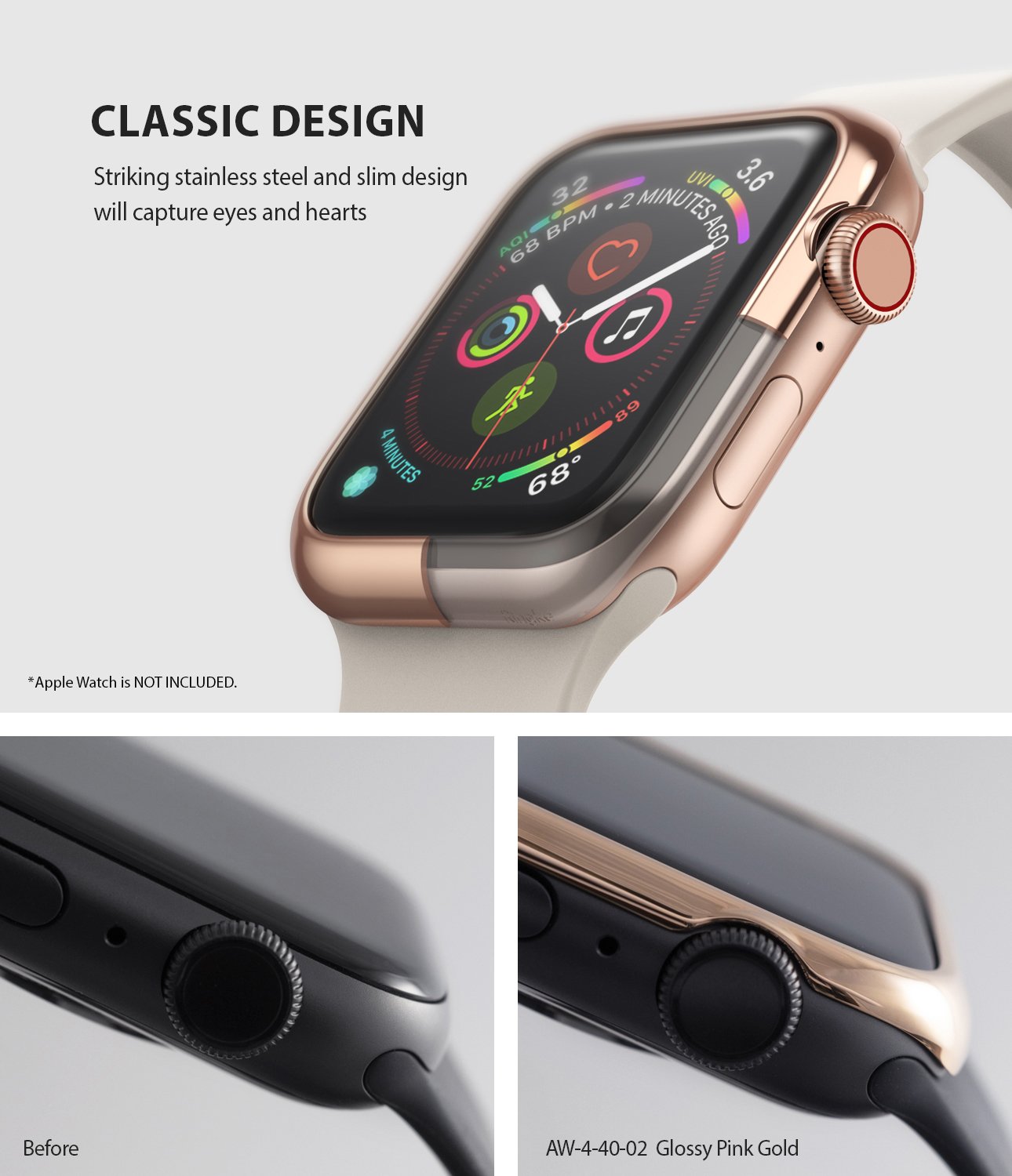 ringke bezel styling 40-02 rose gold stainless steel on apple watch series 6 / 5 / 4 / SE 40mm classic design