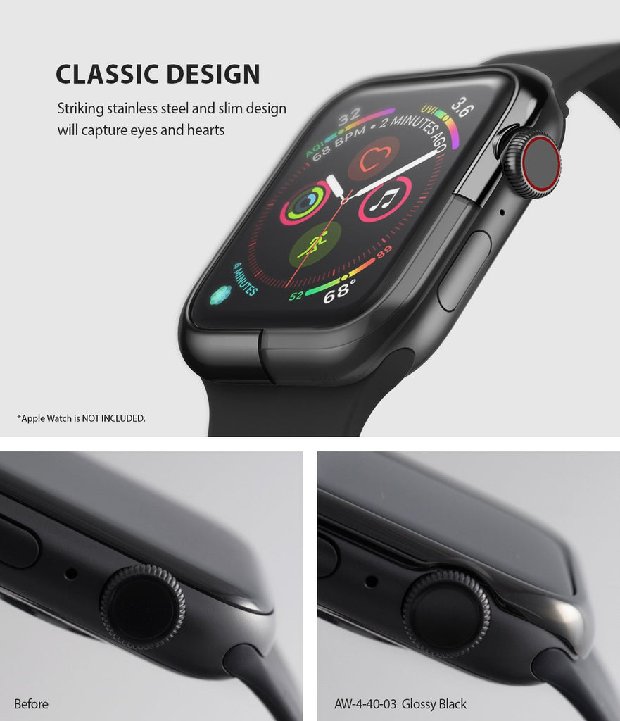 ringke bezel styling 40-03 glossy black stainless steel on apple watch series 6 / 5 / 4 / SE 40mm classic design