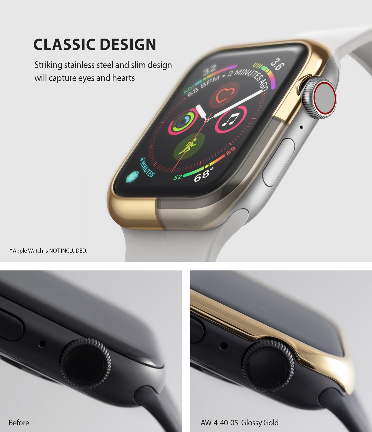ringke bezel styling 40-05 glossy gold stainless steel on apple watch series 6 / 5 / 4 / SE 40mm classic design