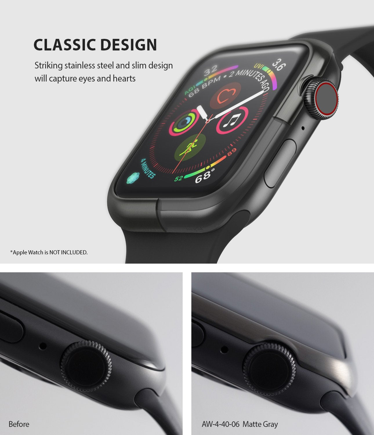 ringke bezel styling 40-06 Matte Silver stainless steel on apple watch series 6 / 5 / 4 / SE 40mm classic design