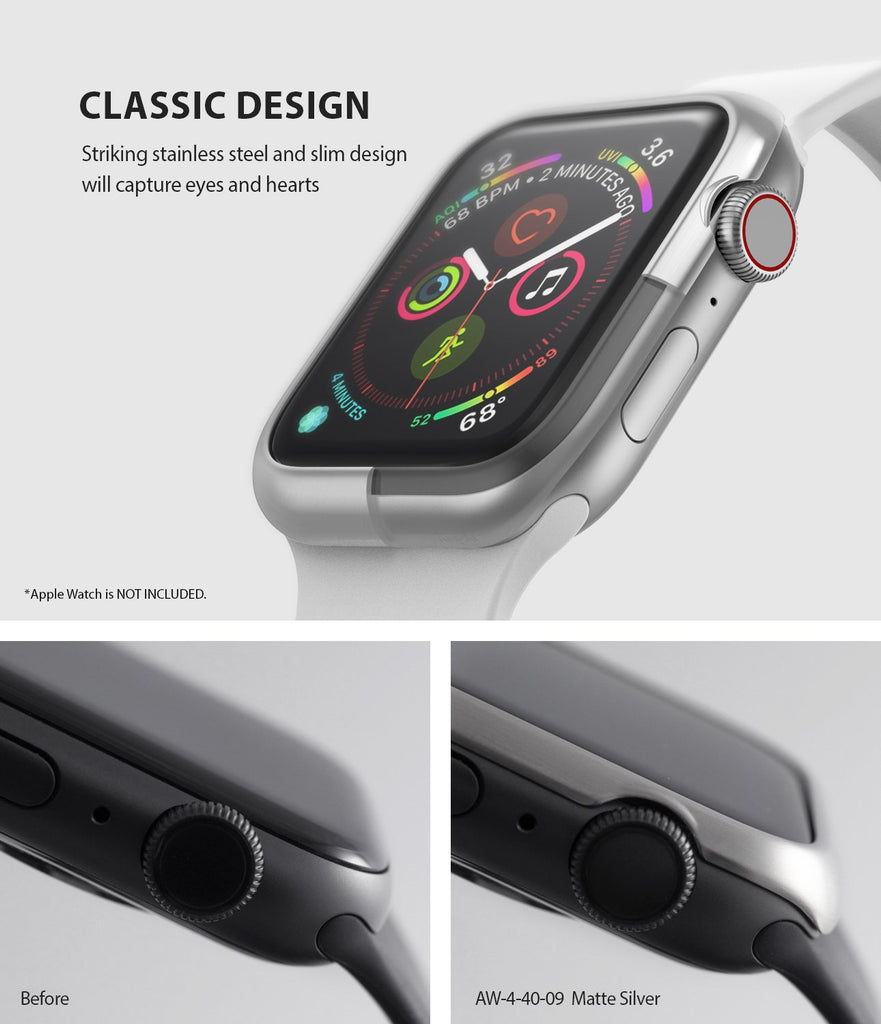 ringke bezel styling 40-09 matte silver stainless steel on apple watch series 6 / 5 / 4 / SE 40mm classic design