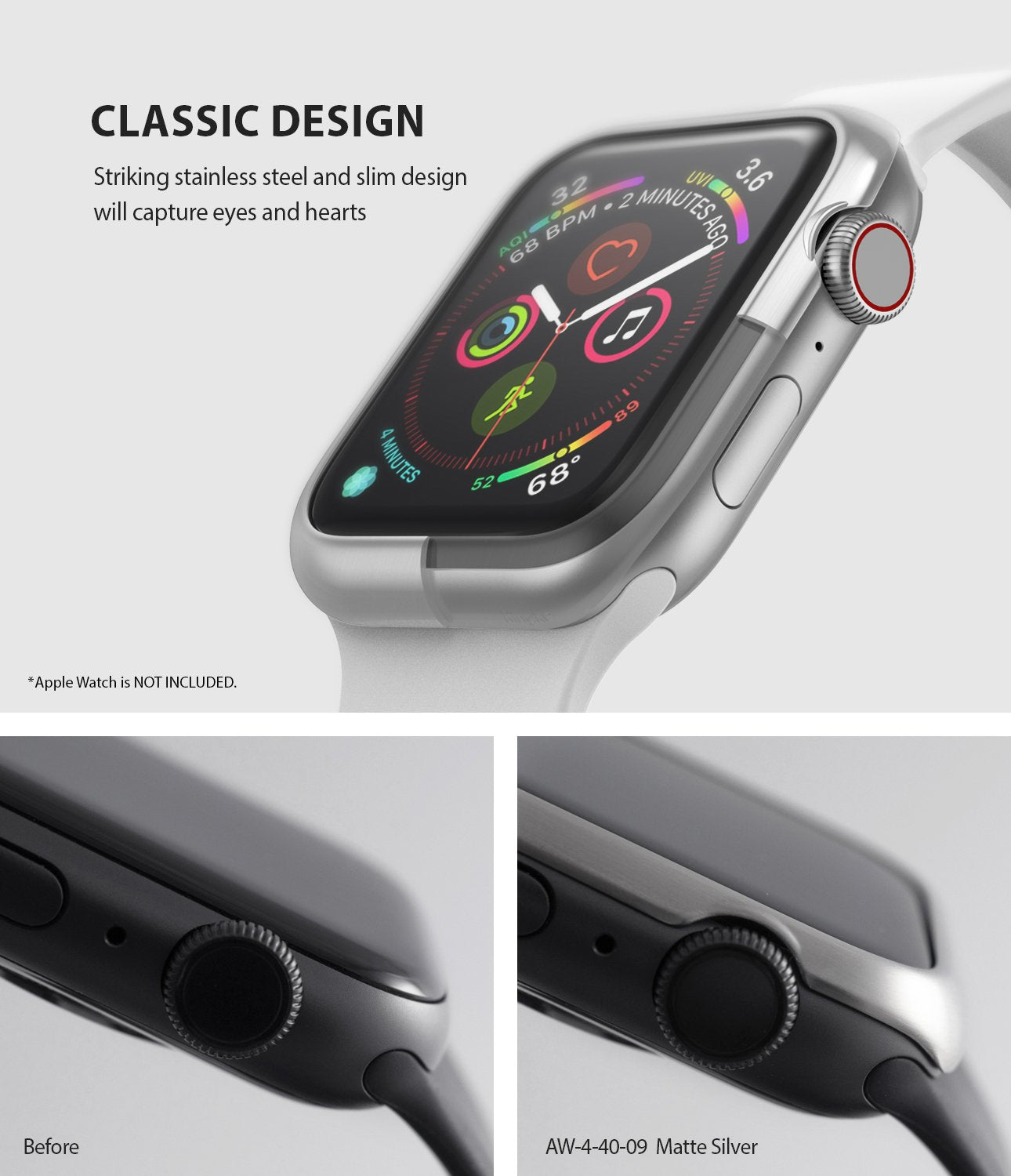 ringke bezel styling 40-09 matte silver stainless steel on apple watch series 6 / 5 / 4 / SE 40mm classic design