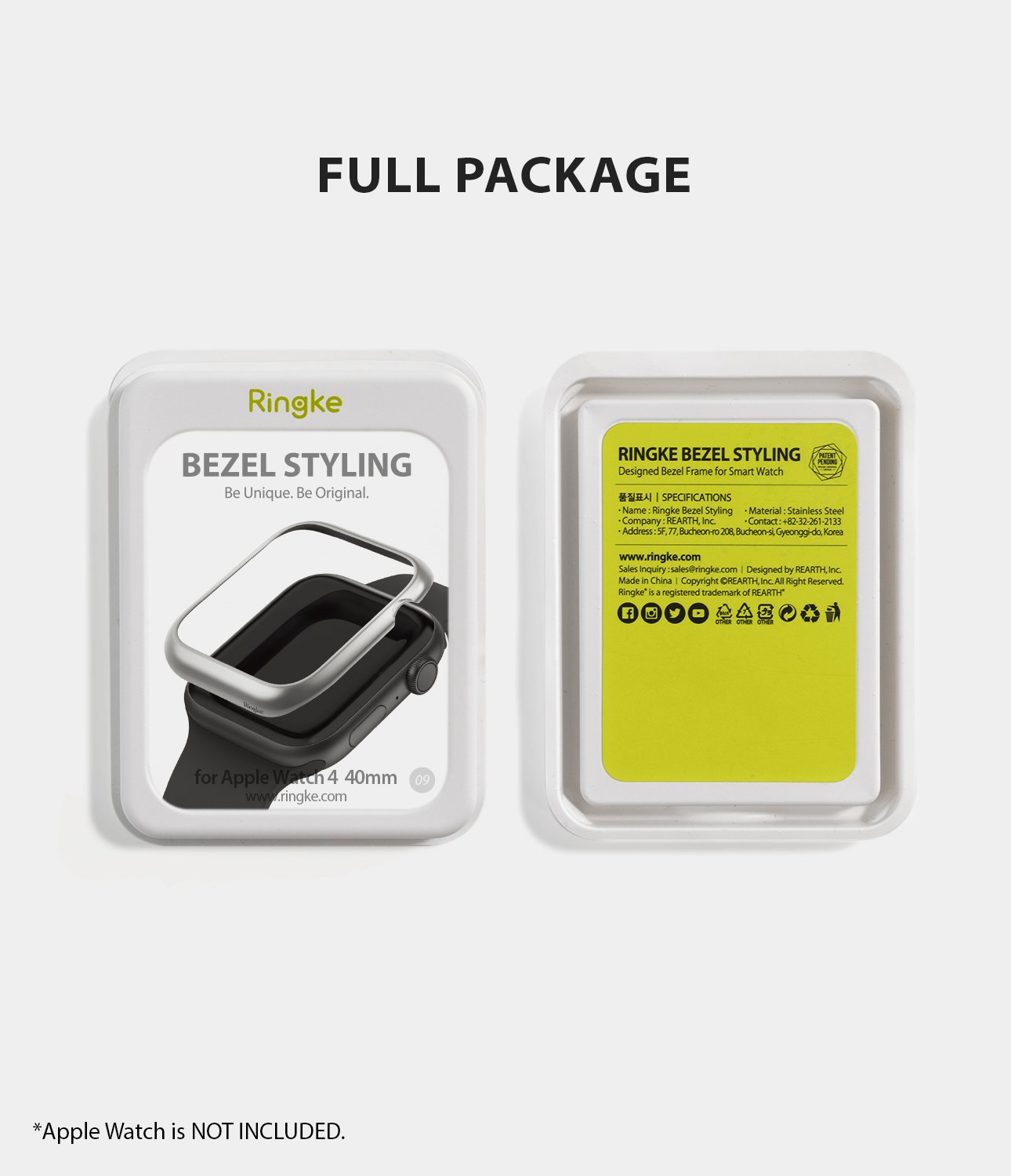 ringke bezel styling 40-09 matte silver stainless steel on apple watch series 6 / 5 / 4 / SE 40mm full package