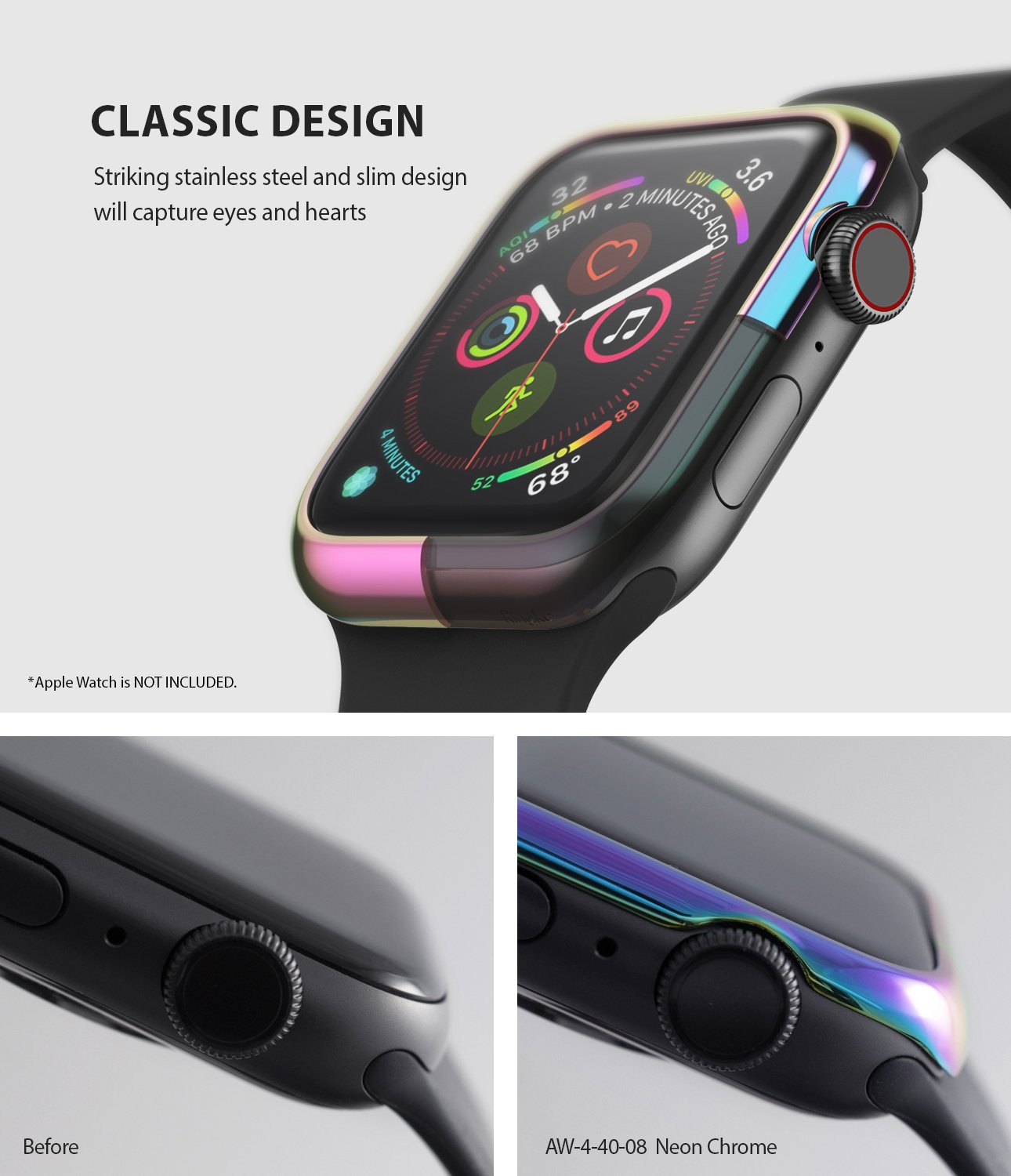 ringke bezel styling 40-08 neon chrome stainless steel on apple watch series 6 / 5 / 4 / SE 40mm classic design