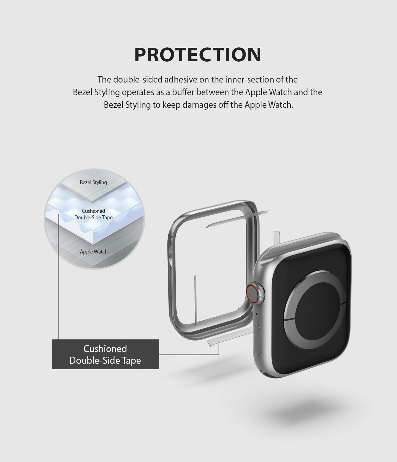 the double sided adhesive on the inner section of the bezel styling operates as a buffer between the apple watch and the bezel styling to keep damages off