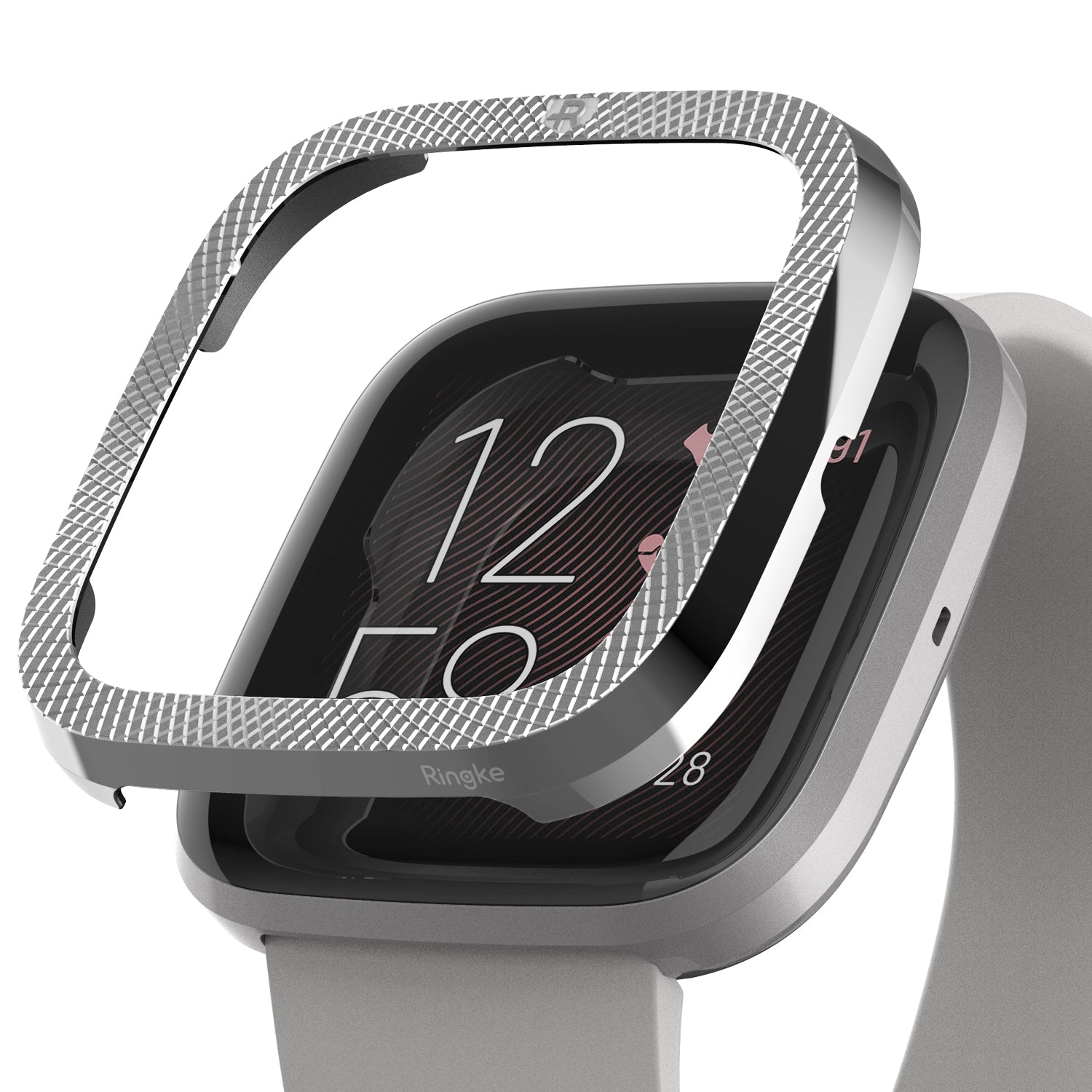 Ringke Bezel Styling Full Stainless Steel Frame Case for Fitbit Versa 2, Silver, 2-42 ST, Knurling Engraved Design