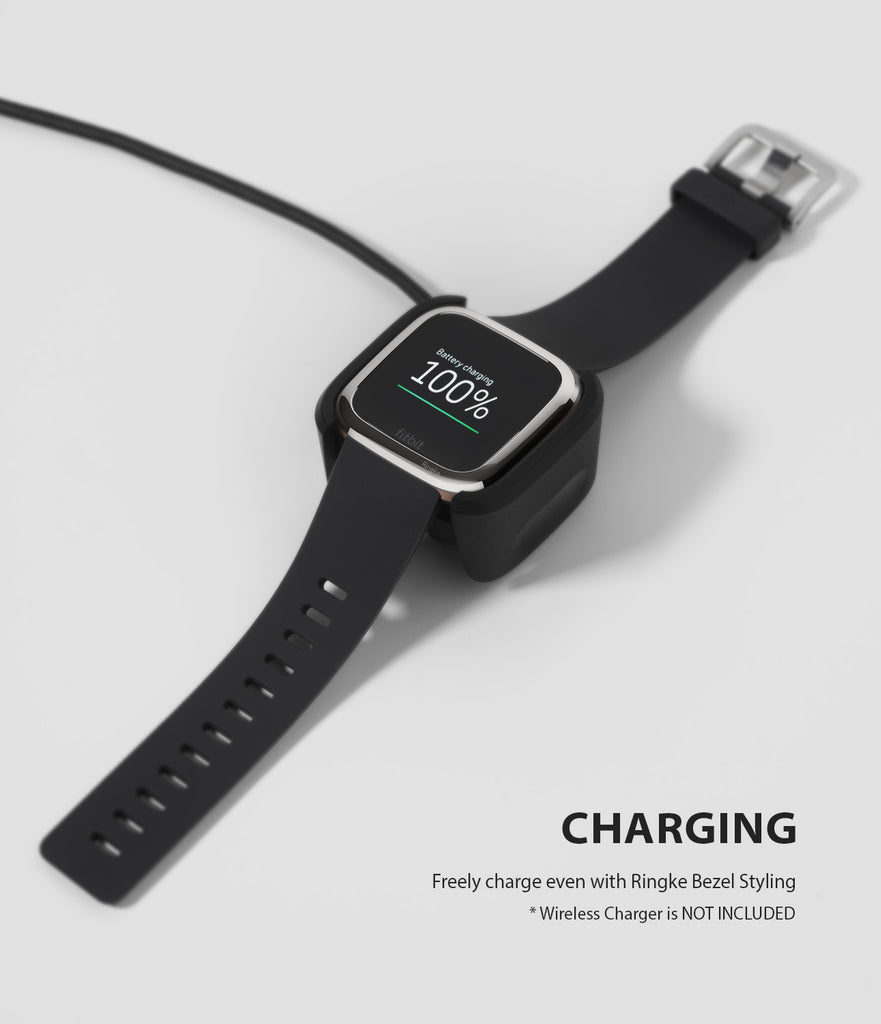 Ringke Bezel Styling Fitbit Versa 2, Full Stainless Steel Frame, Glossy Silver, Stainless Steel, 2-01 ST, compatible with wireless charger