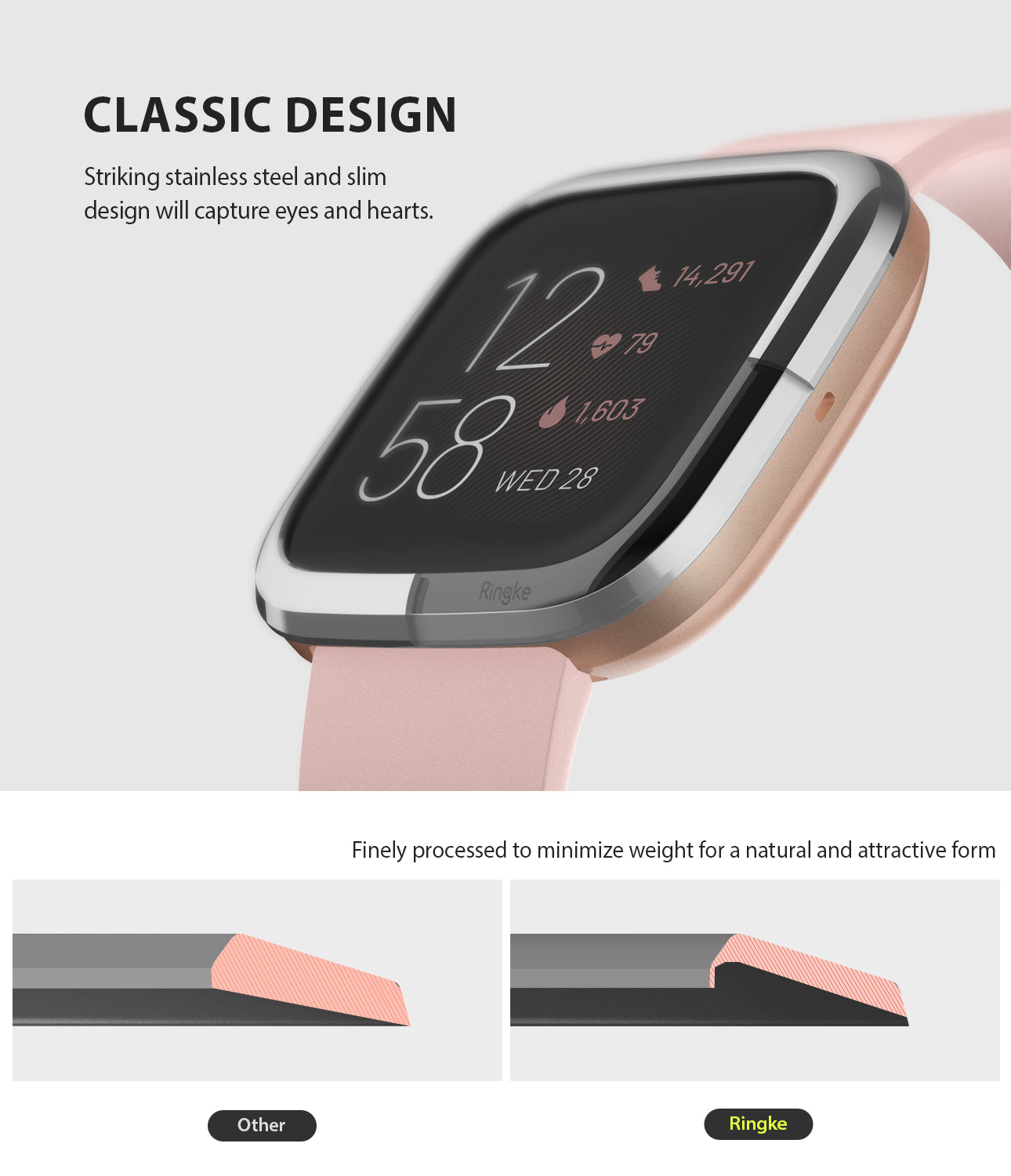 Ringke Bezel Styling Fitbit Versa 2, Full Stainless Steel Frame, Glossy Silver, Stainless Steel, 2-01 ST, classic design