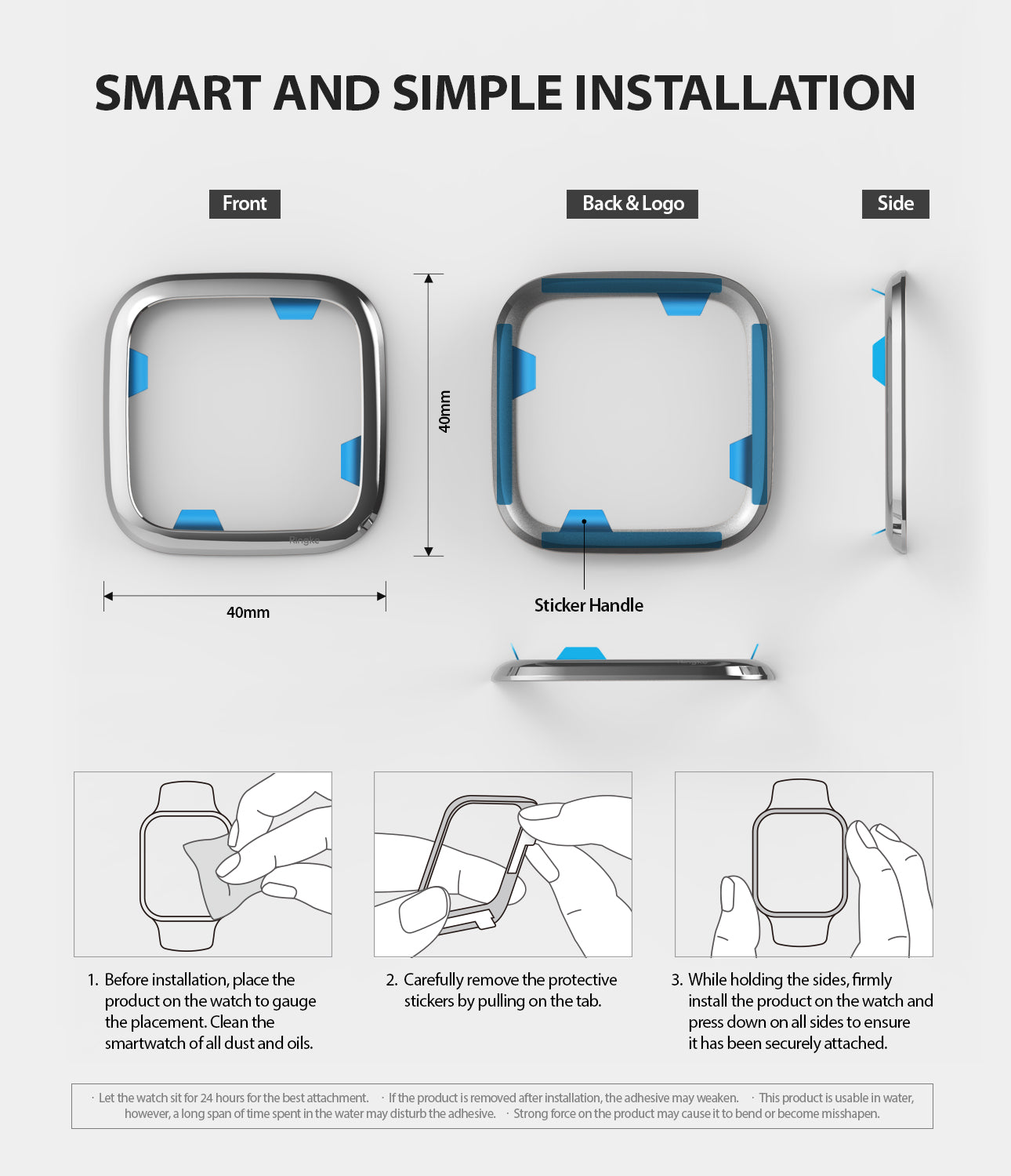 Ringke Bezel Styling Fitbit Versa 2, Full Stainless Steel Frame, Glossy Silver, Stainless Steel, 2-01 ST, easy installation