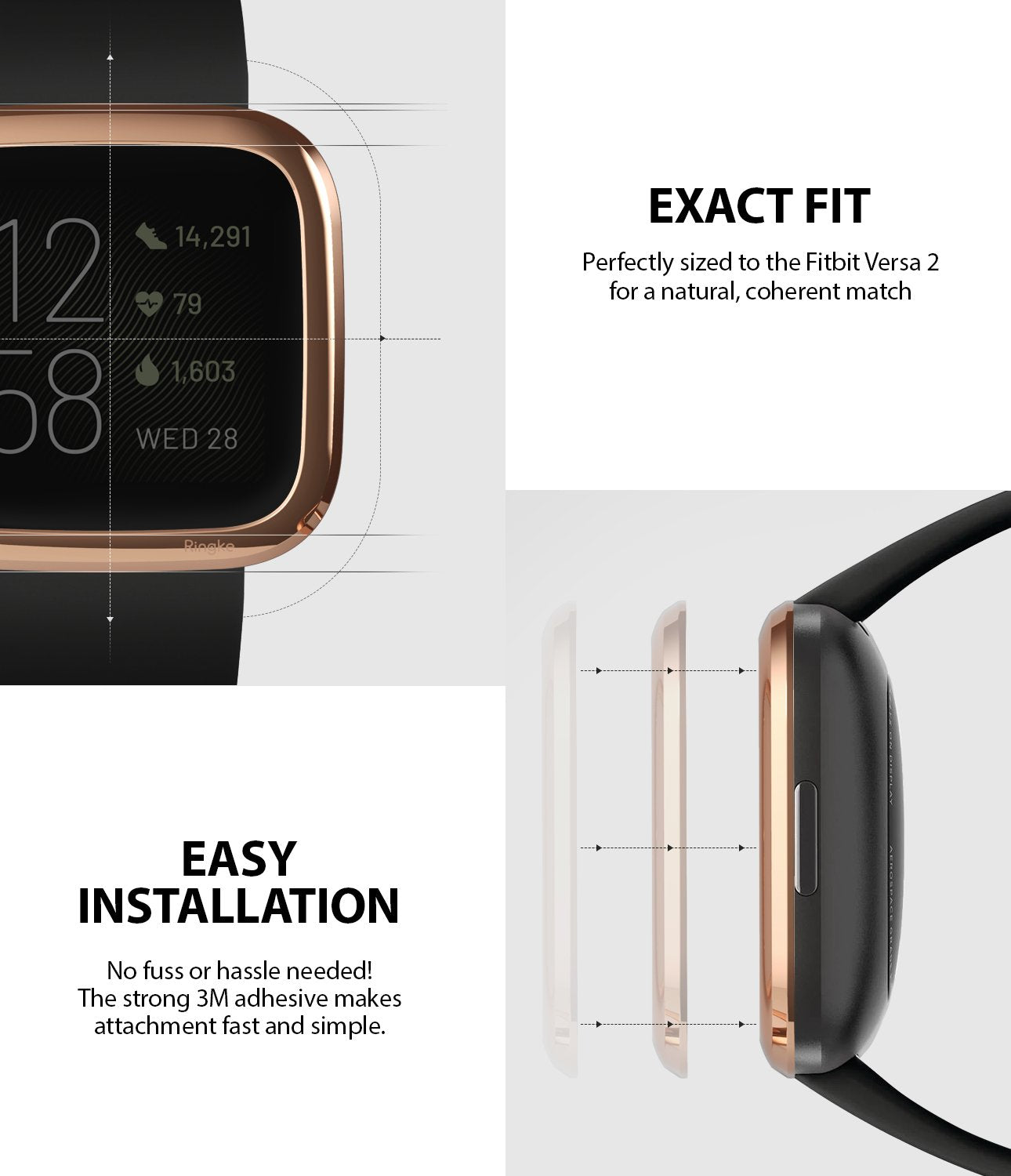 Ringke Bezel Styling Fitbit Versa 2, Full Stainless Steel Frame, Rose Gold, Stainless Steel, 2-02 ST,exact fit