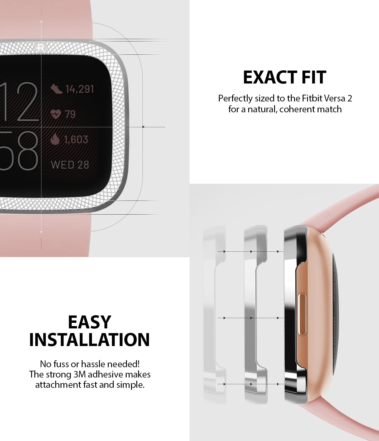Ringke Bezel Styling Full Stainless Steel Frame Case for Fitbit Versa 2, Silver, 2-42 ST, Knurling Engraved Design, exact fit