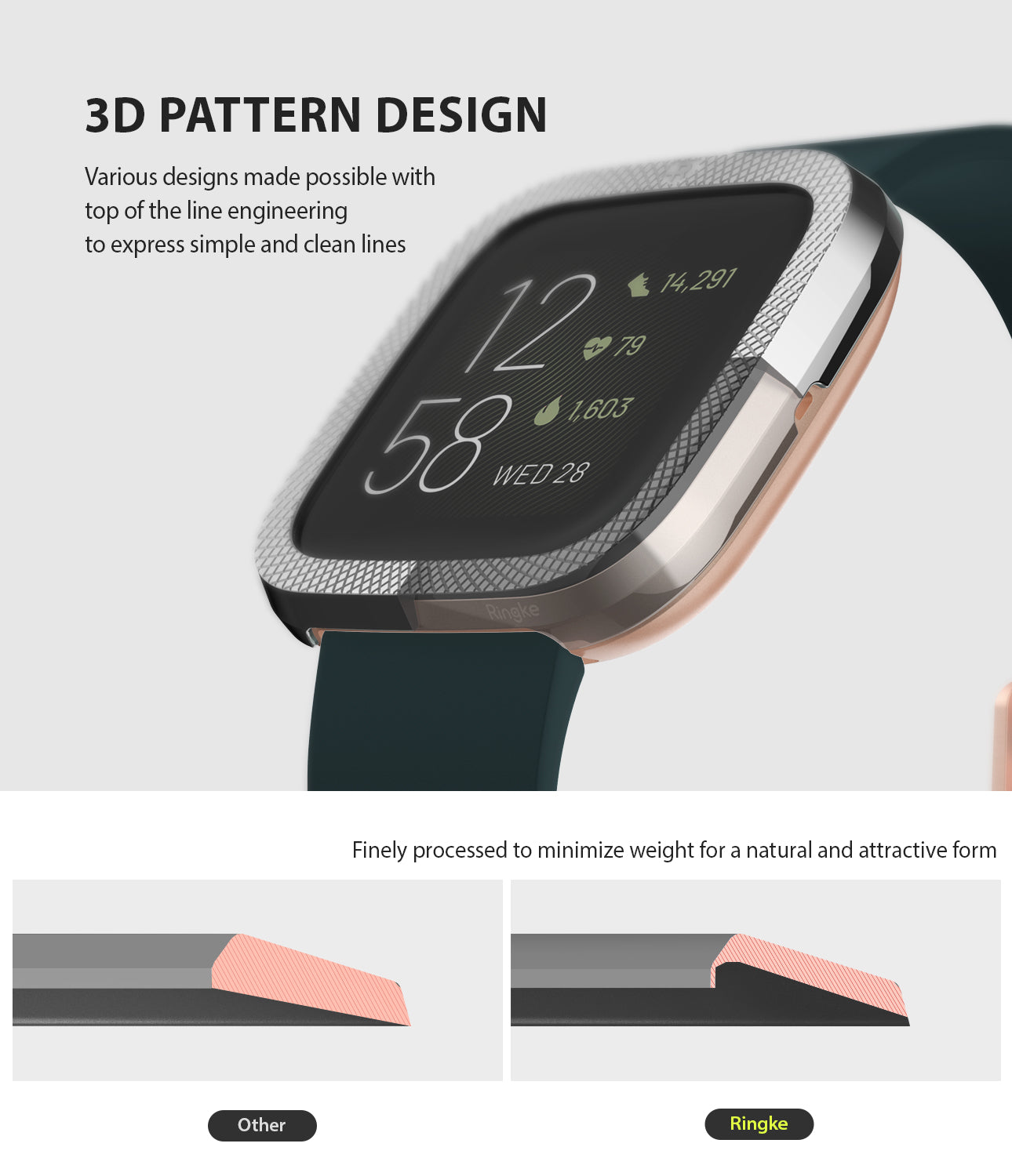 Ringke Bezel Styling Full Stainless Steel Frame Case for Fitbit Versa 2, Silver, 2-42 ST, Knurling Engraved Design, 3d pattern design