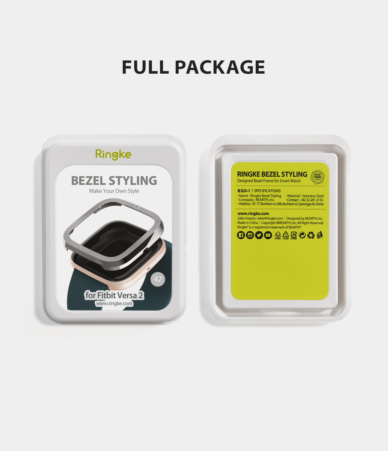 Ringke Bezel Styling Full Stainless Steel Frame Case for Fitbit Versa 2, Silver, 2-42 ST, Knurling Engraved Design, minimal package