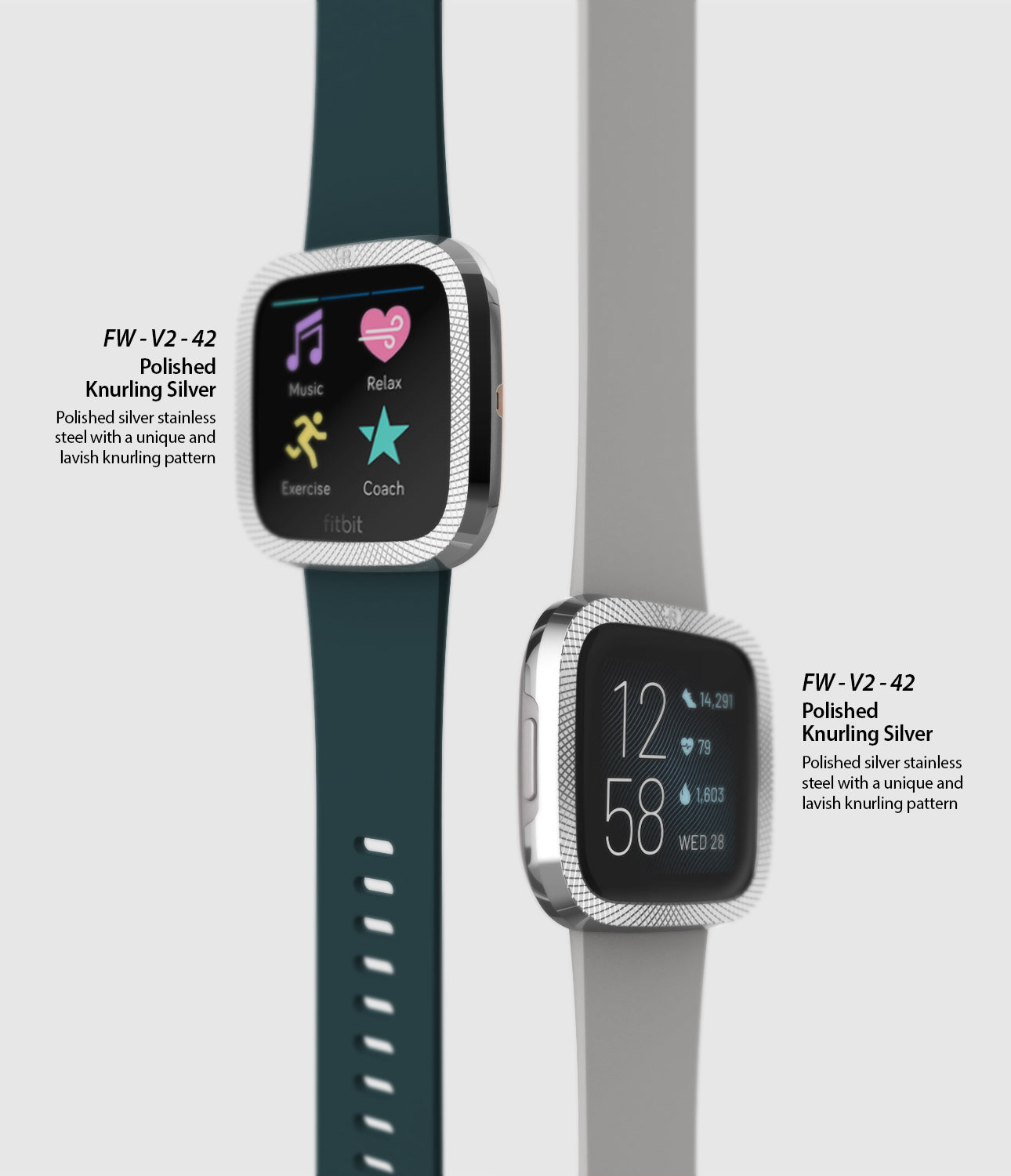 Ringke Bezel Styling Full Stainless Steel Frame Case for Fitbit Versa 2, Silver, 2-42 ST, Knurling Engraved Design, silver