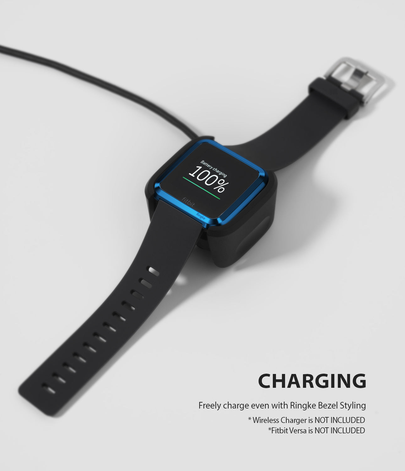 Ringke Bezel Styling Designed for Fitbit Versa Case Cover, Blue - FW-V-04, wireless charging compatible