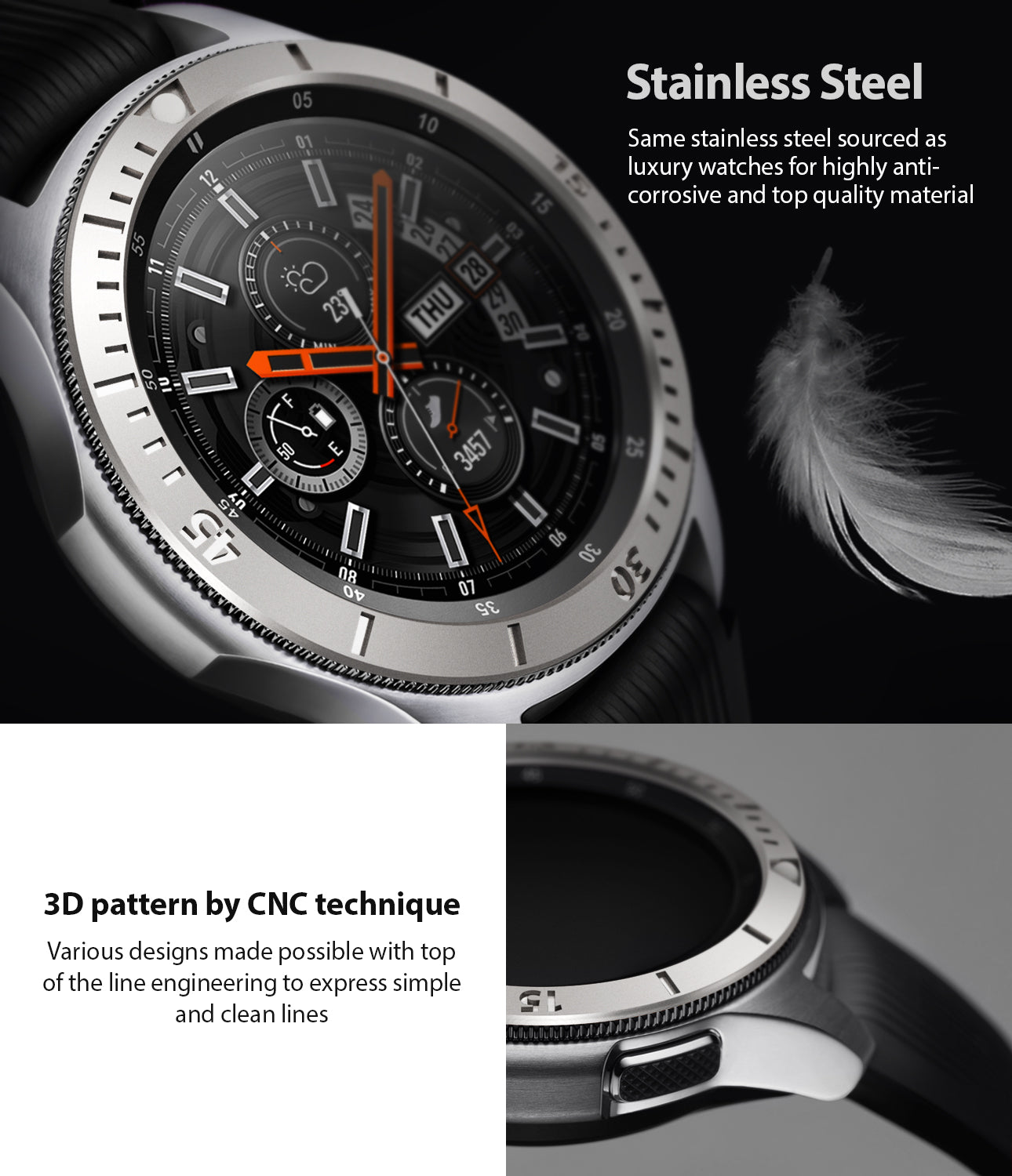 ringke bezel styling for samsung galaxy watch made from stainless steel with 3d pattern by cnc technique for long lasting use