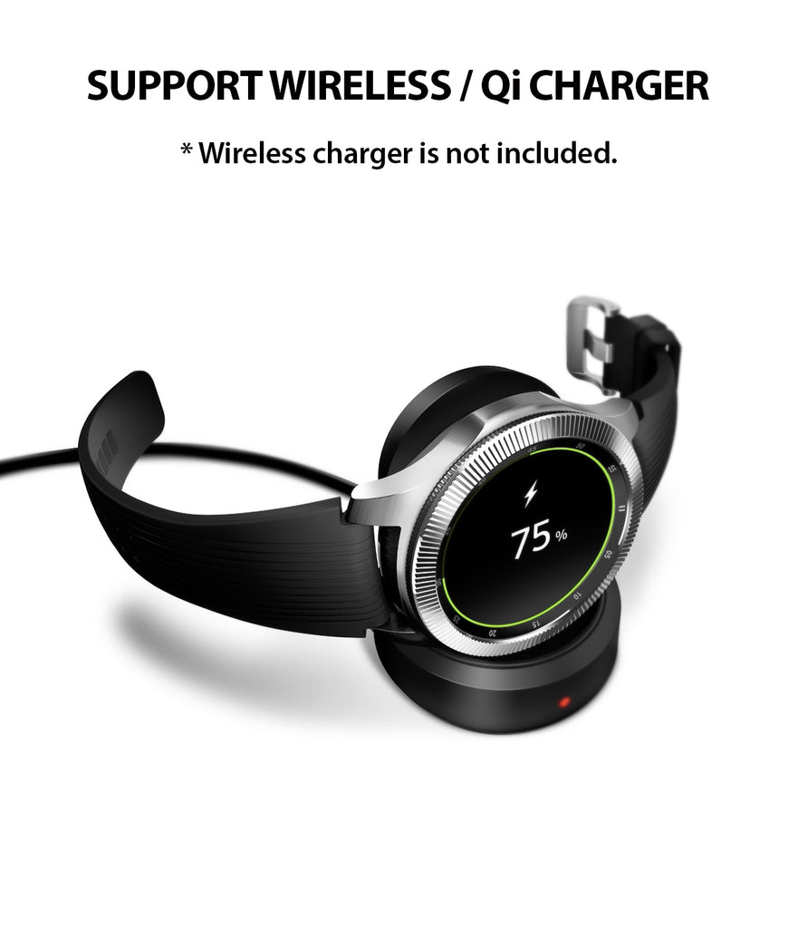 image of galaxy watch 46mm supporting wireless, qi charging with the cover on