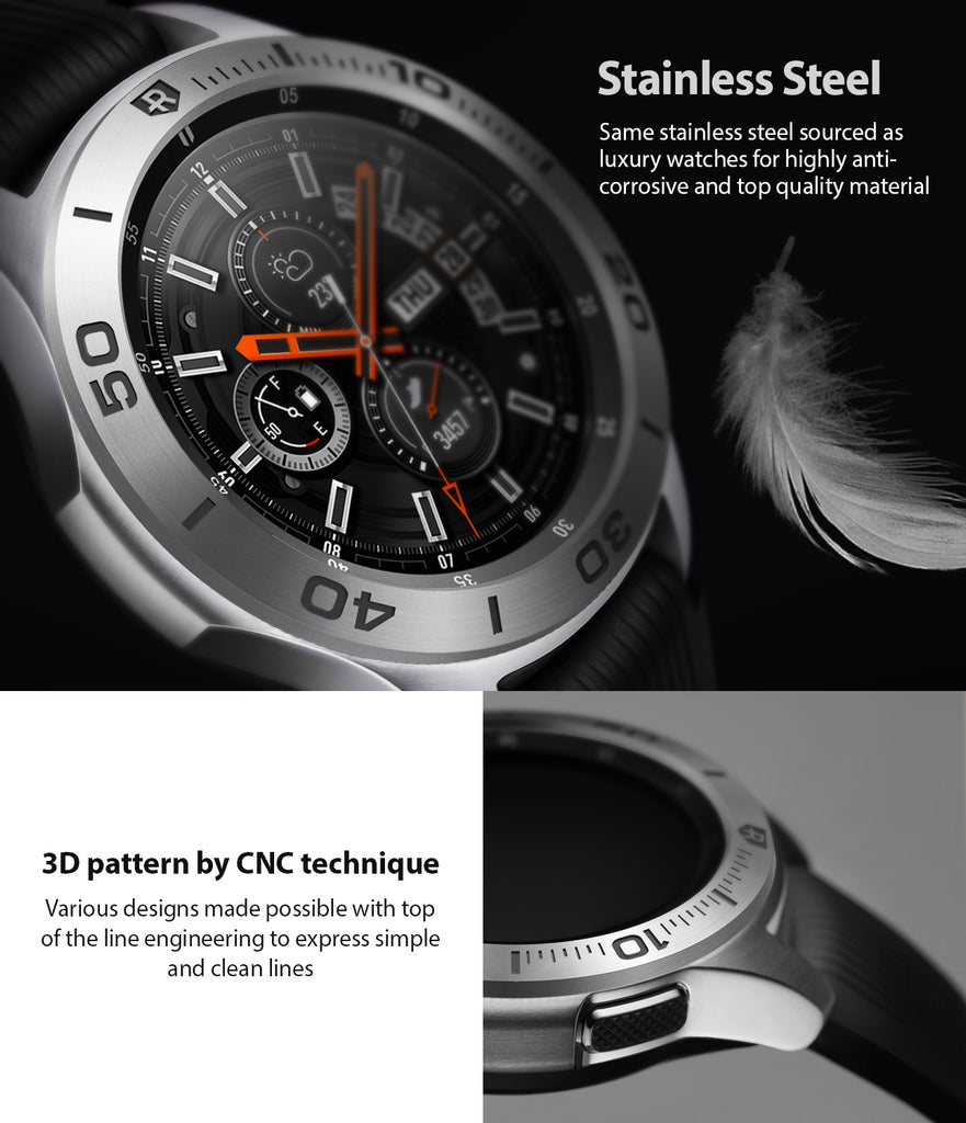 ringke bezel styling for samsung galaxy watch 46mm silver stainless steel - 3d pattern engraved with cnc technique
