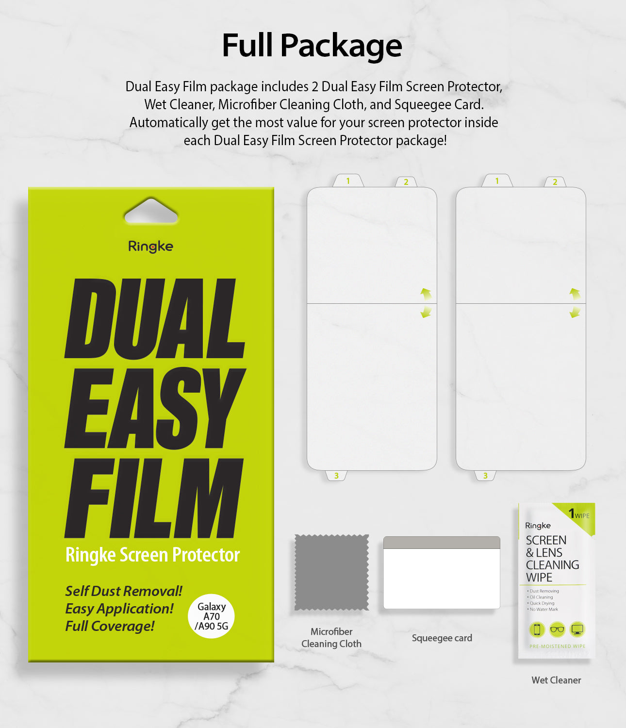 full package include 2 dual easy films, wipe, squeegee card, microfiber cleaning cloth