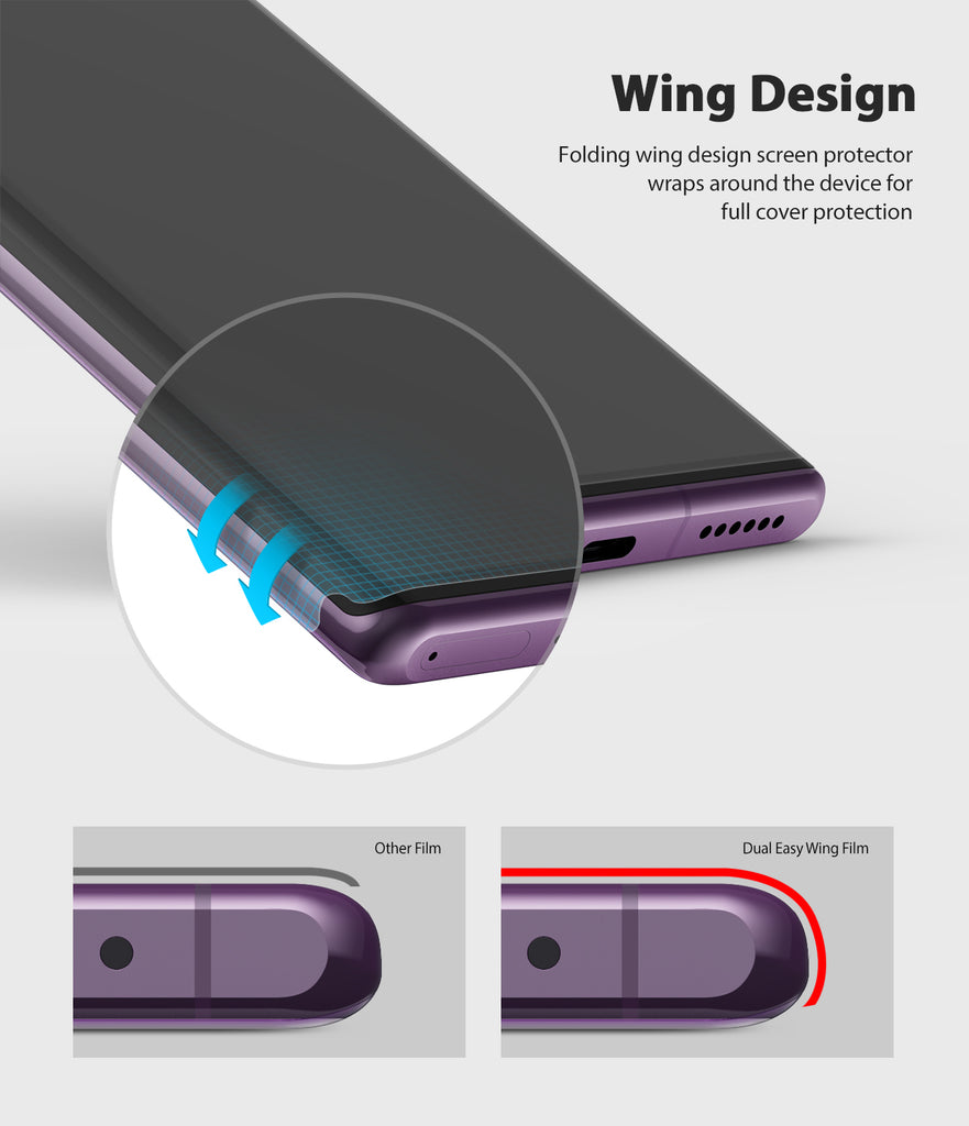folding wing design screen protector wraps around the device for full cover protectioln