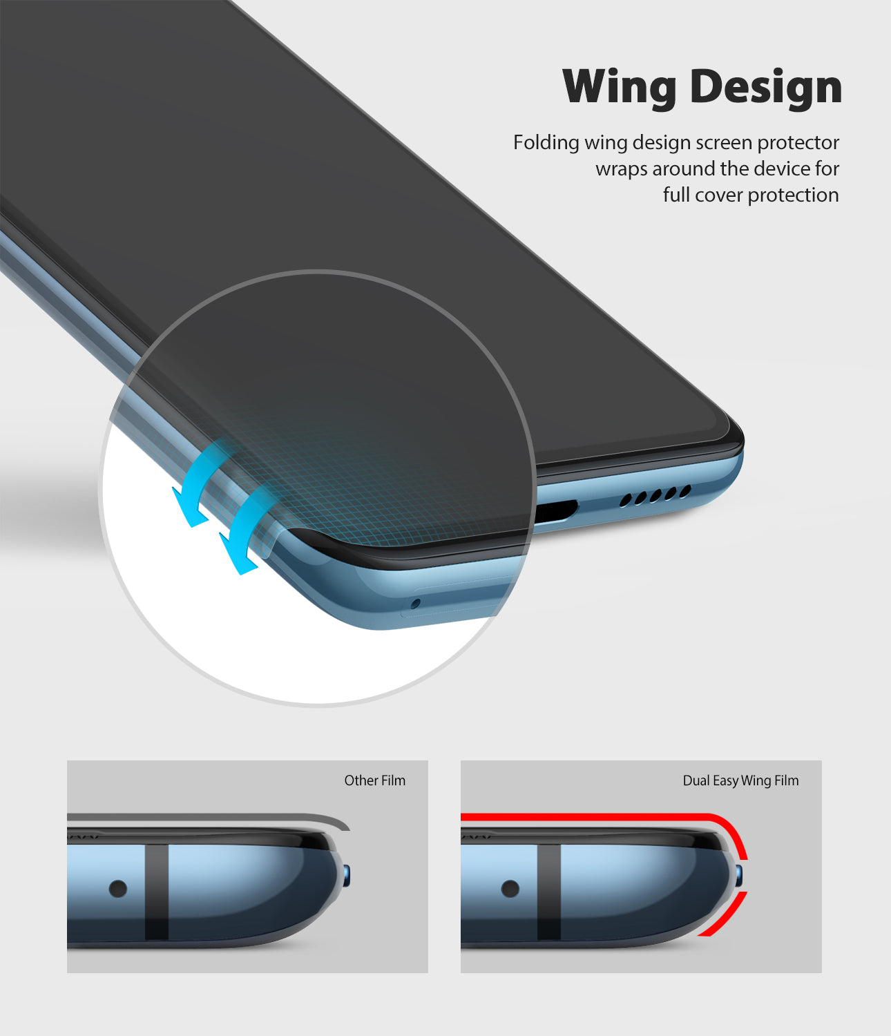 folding wing design screen protector wraps around the device for full cover coverage