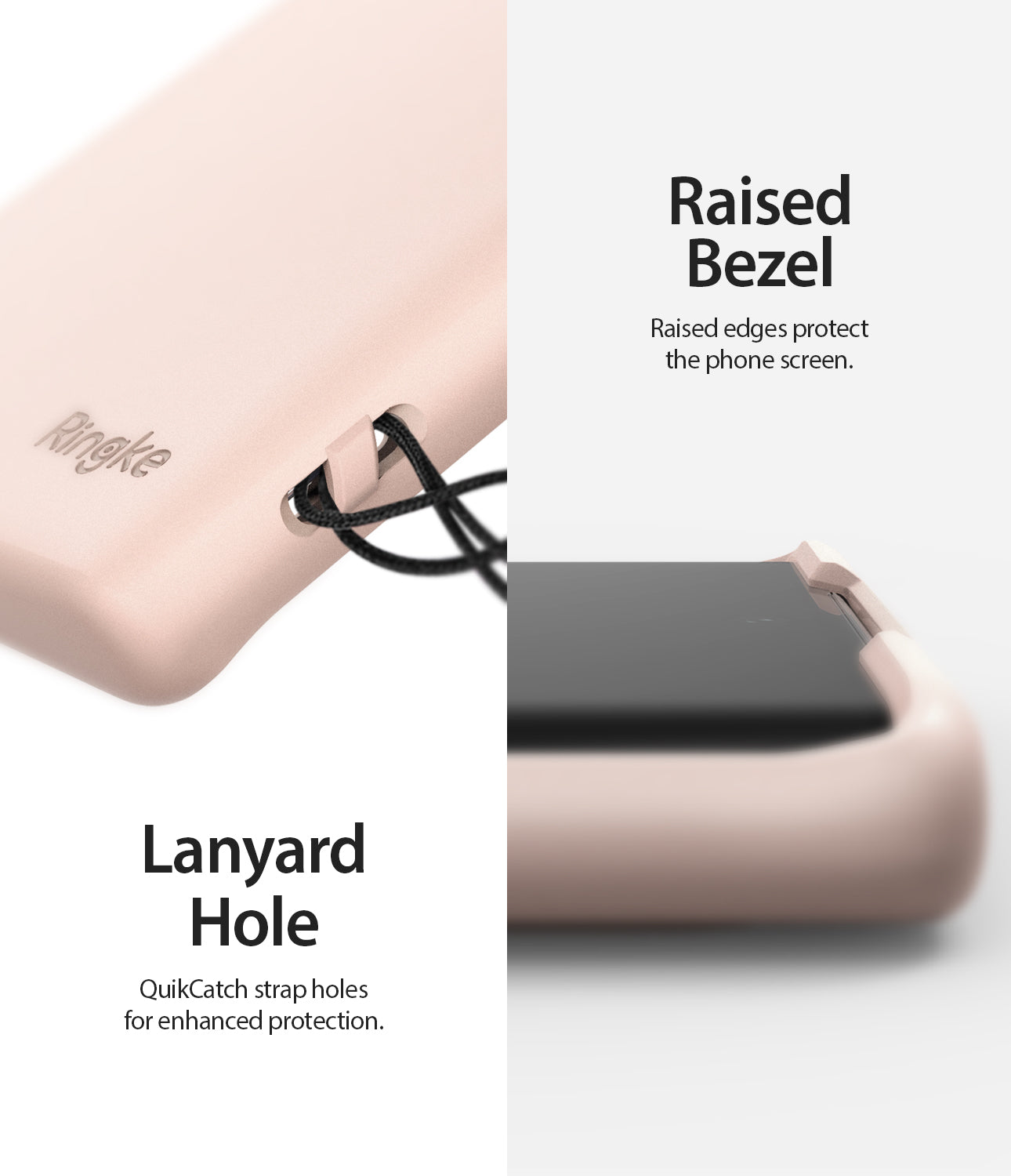 raised bezel to protect the phone from edge to edge with lanyard hole to attach accessories