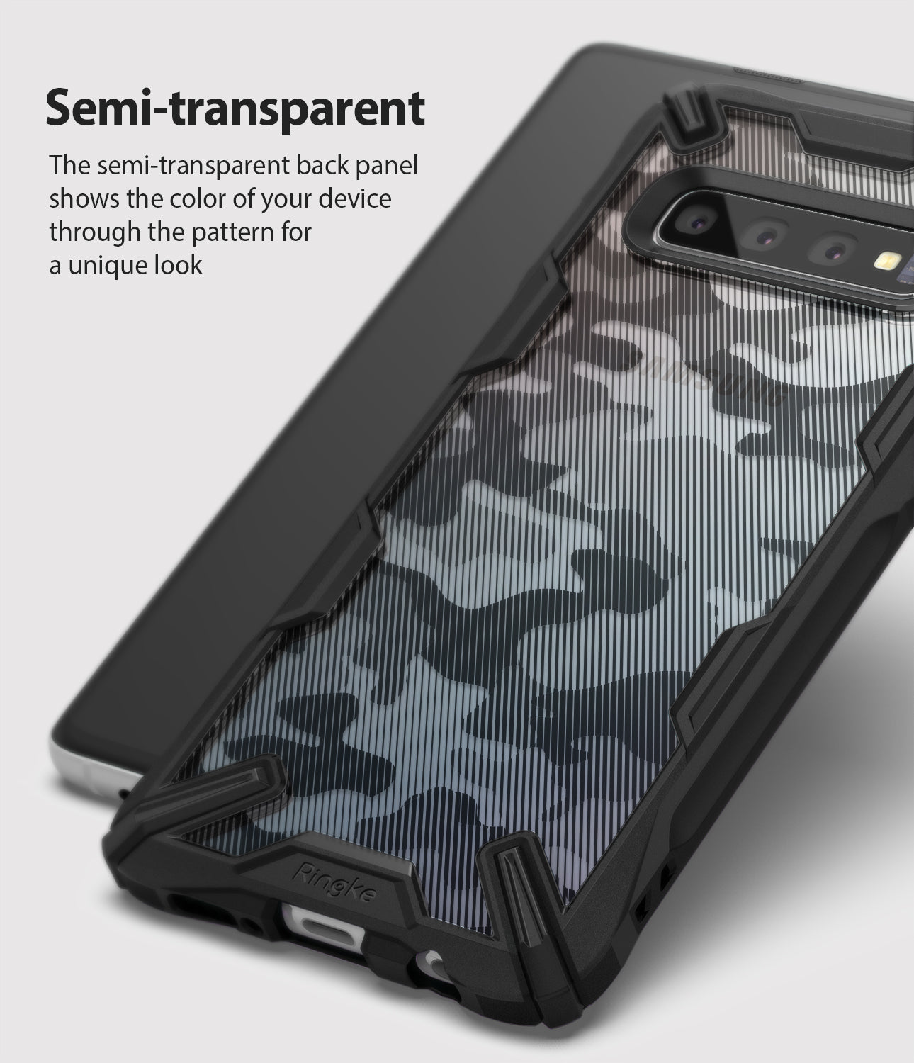 the semi transparent back panel shows the color of your device through the pattern for a unique look