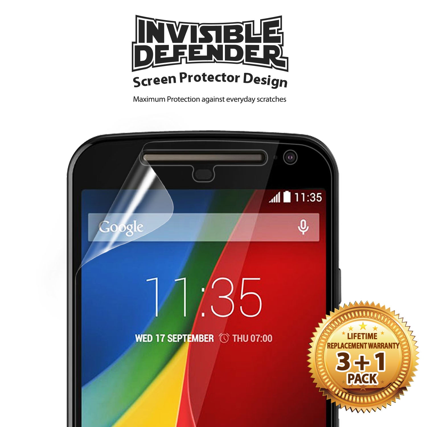 Moto G 2014 (2nd Gen.) Screen Protector | Film - Invisible Defender screen protector being applied to a Moto G phone.