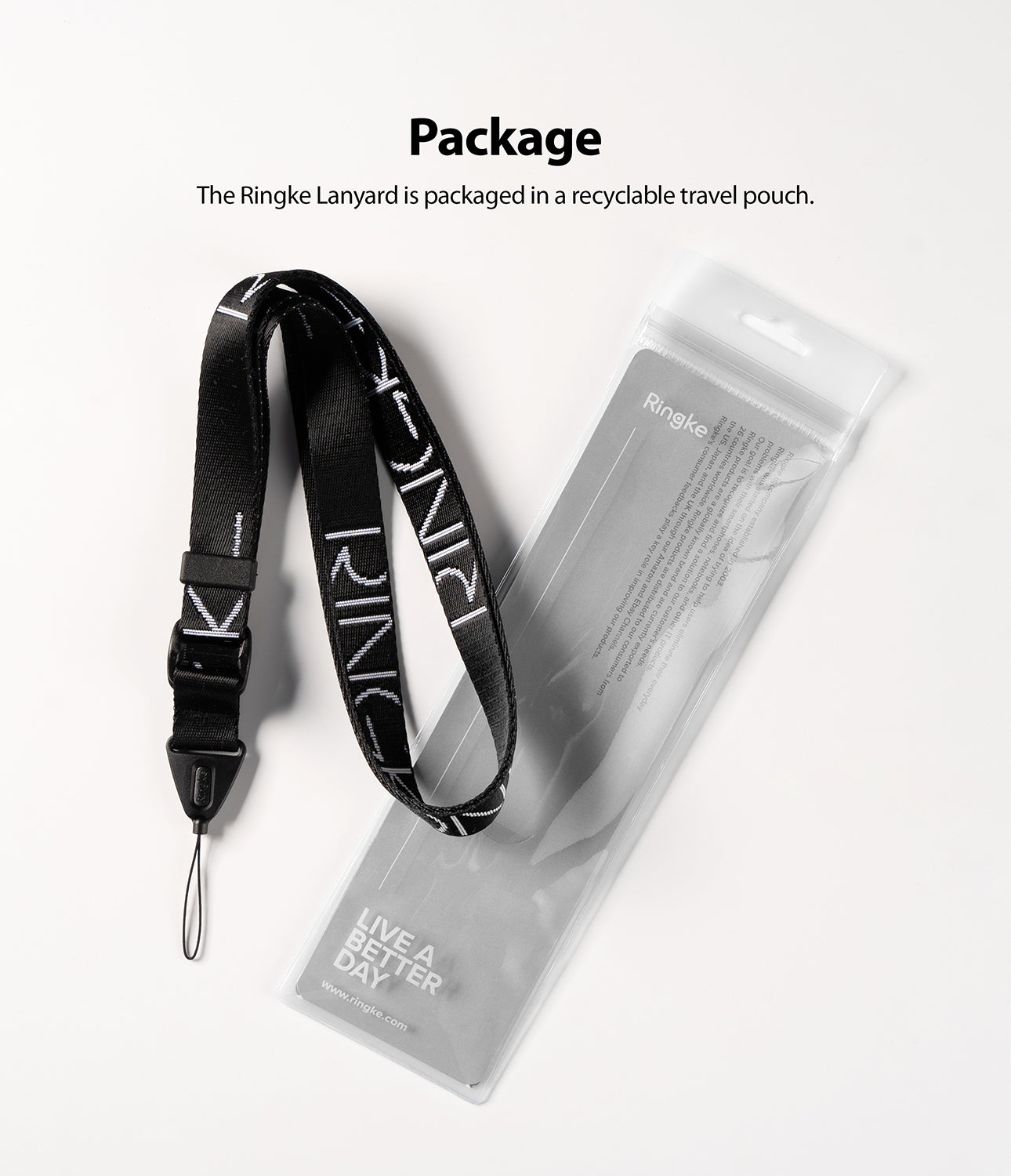 the ringke lanyard is packaged in a recyclable travel pouch