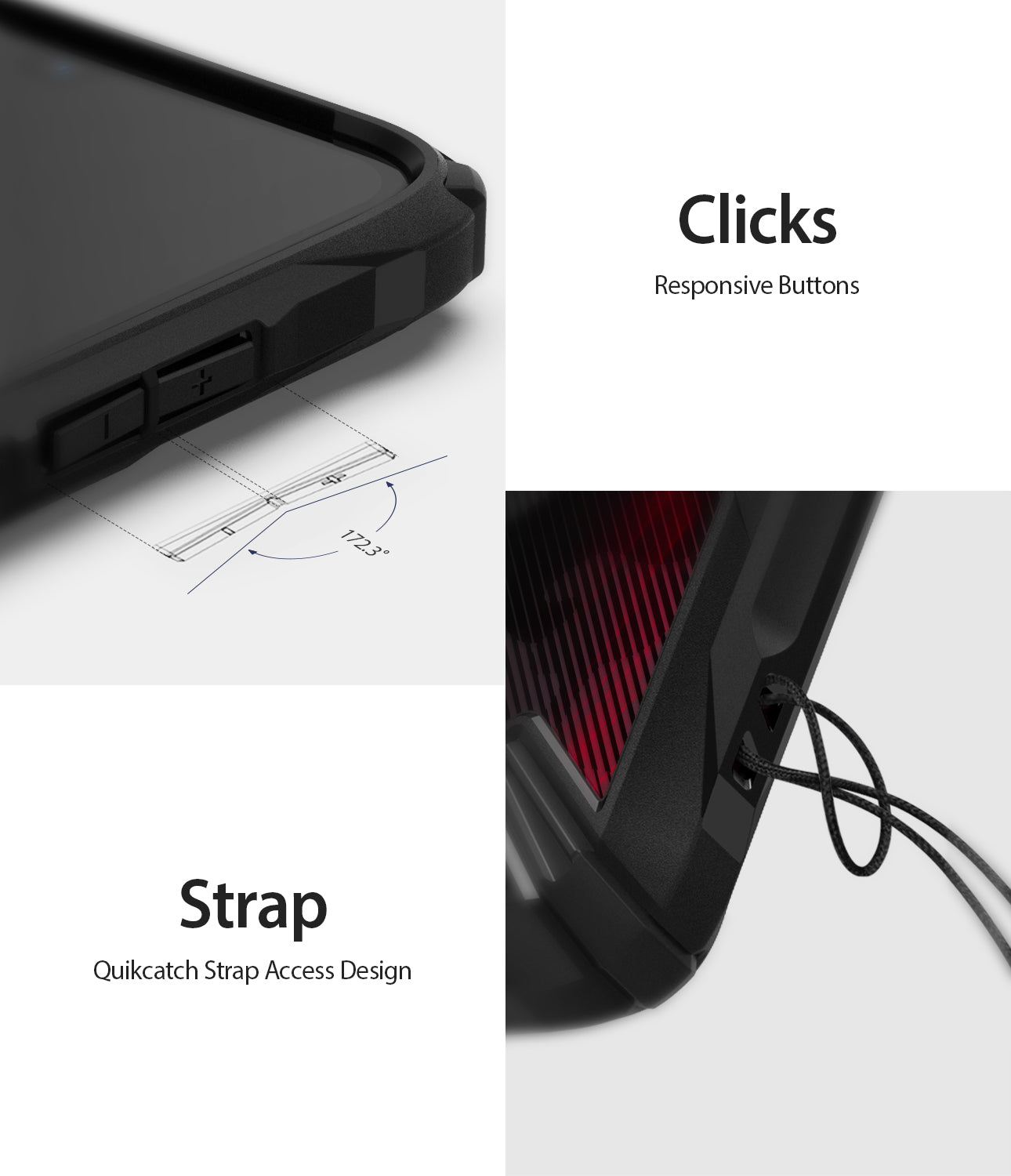 responsive buttons / quikcatch strap access design