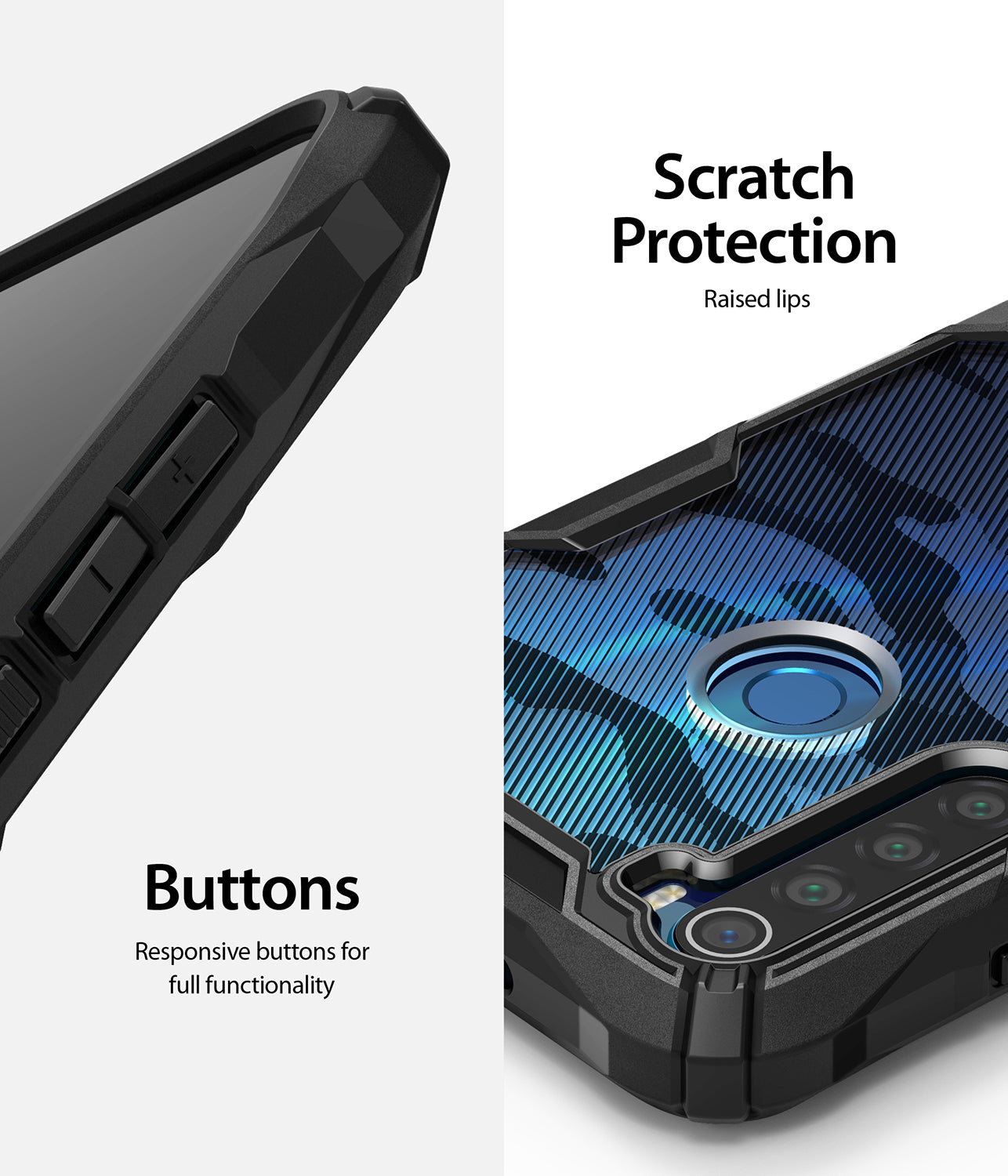 responsive buttons for full functionality / scratch protection with raised lips