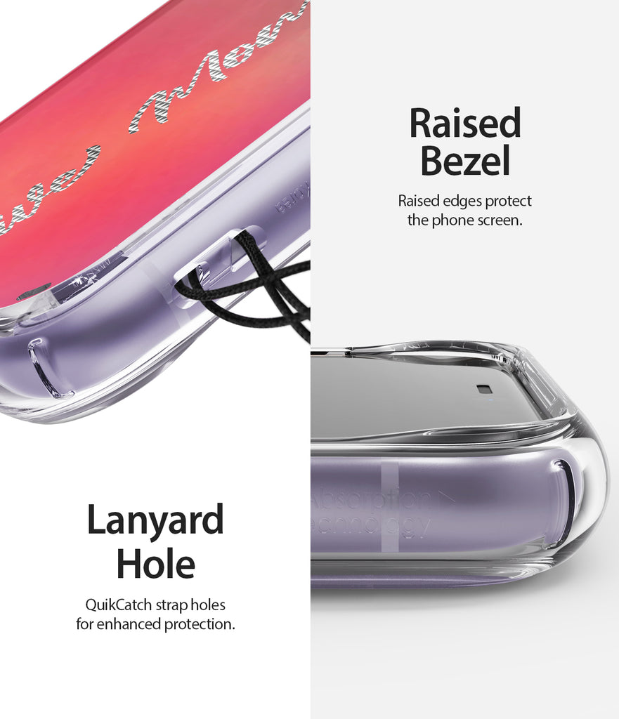 raised bezel to protect the screen and camera / lanyard hole on the side to add additional accessories
