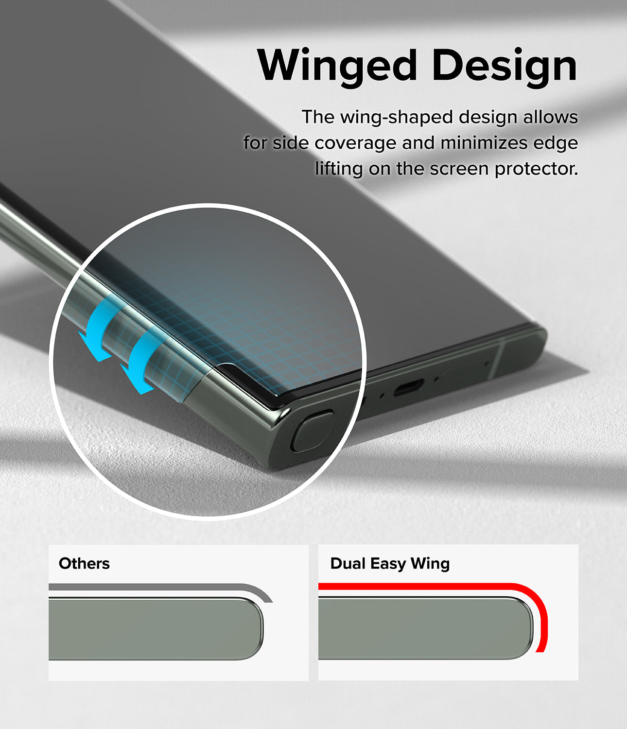 Winged Design l The wing-shaped design allows for side coverage and minimizes edge lifting on the screen protector.