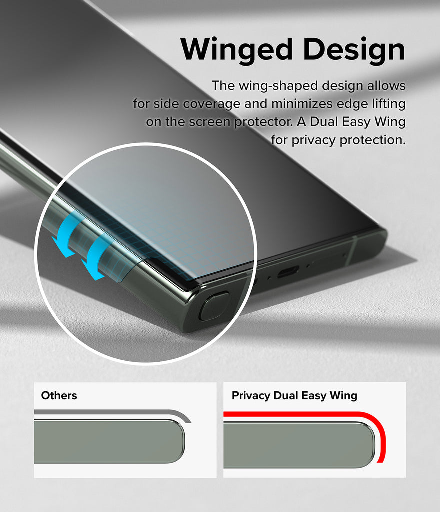 Winged Design l The wing-shaped design allows for side coverage and minimizes edge lifting on the screen protector. A Dual Easy Wing for privacy protection.