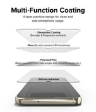 Multi-Function Coating l 4-layer practical design for clean and safe smartphone usage. * Oleophobic Coating (Smudge & fingerprint-resistant) * Glass (Scratch-resistant 9H Hardness) *Polarized Film (Reduces vision from side angles and prevents shattering.) * Silicone Adhesive