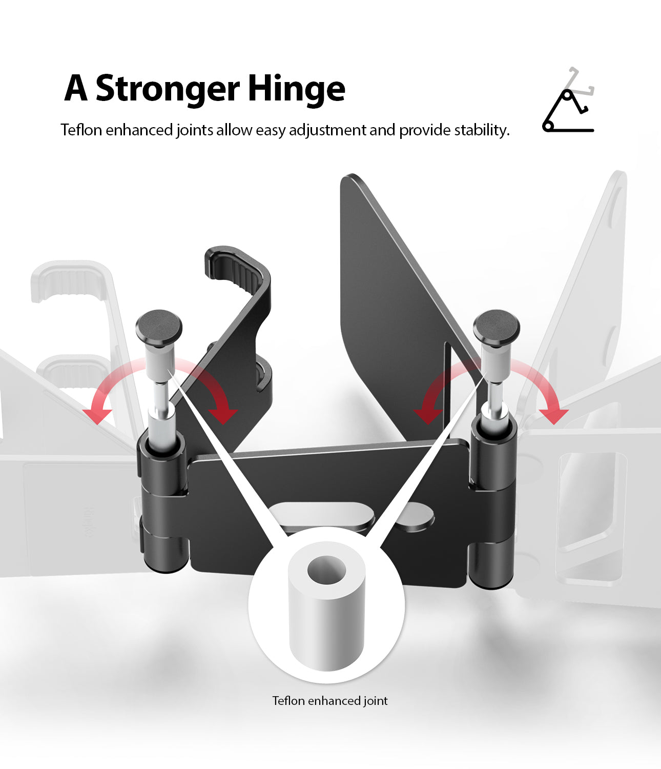 a stronger hinge Teflon enhanced joints allow easy adjustments and provide stability