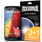 Moto G 2014 (2nd Gen.) Screen Protector | Film - Smartphone with clear film overlay next to 3+1 pack retail box.