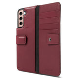 Galaxy S21 Plus Case | Folio Signature+ - Maroon leather wallet case with card slots, magnetic strap, and camera cutout.