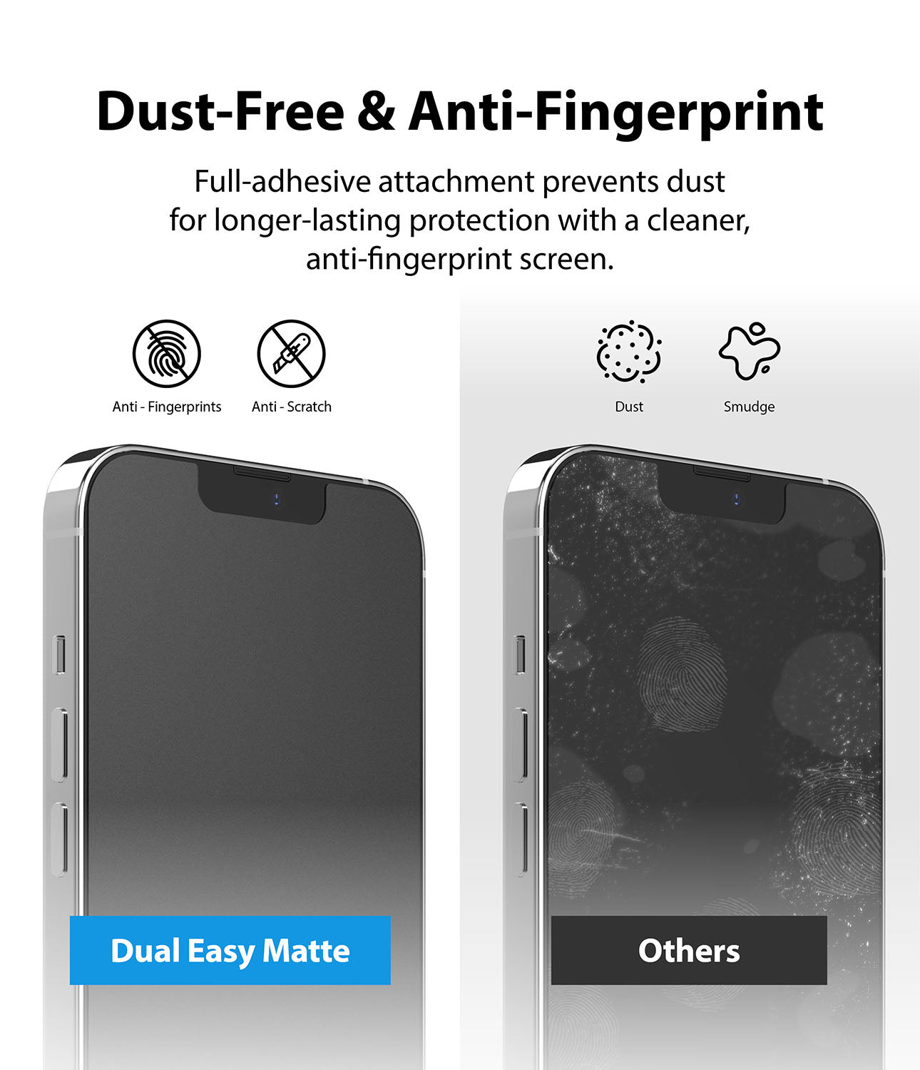 iPhone 13 Mini Screen Protector | Dual Easy Film Matte - Dust-Free & Anti-Fingerprint. Full-adhesive attachment prevents dust for longer-lasting protection with a cleaner, anti-fingerprint screen.