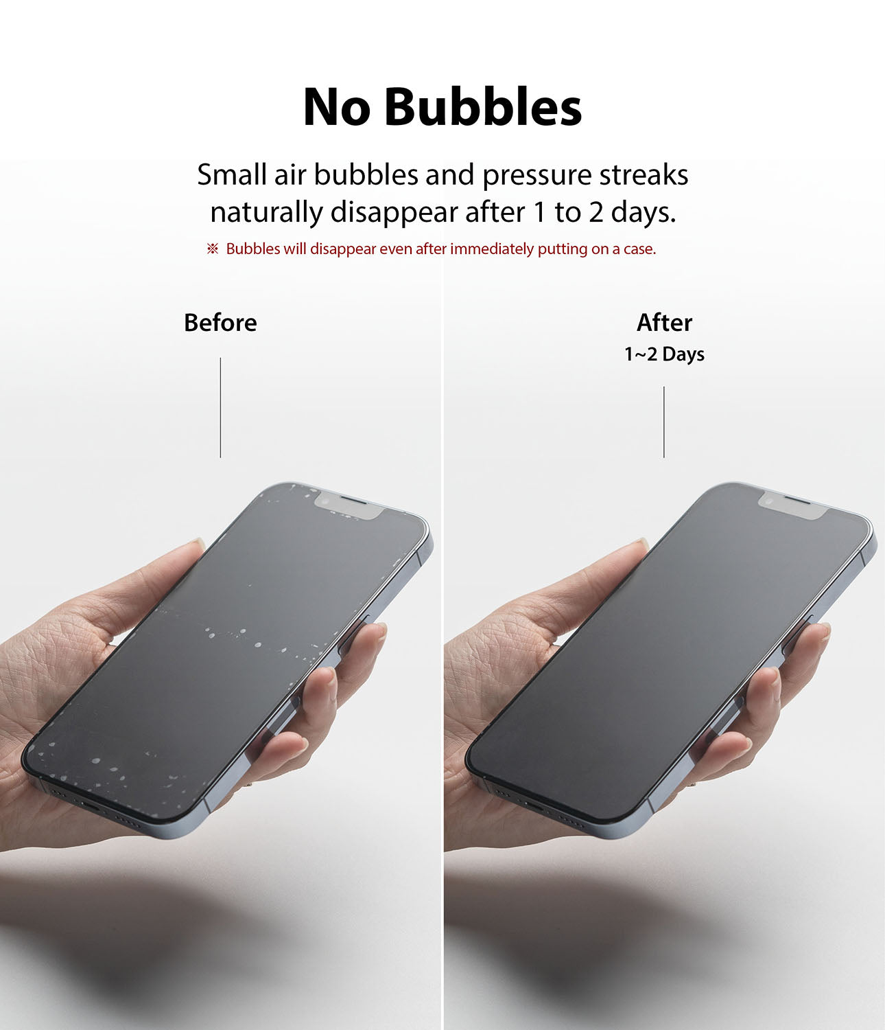 iPhone 13 Mini Screen Protector | Dual Easy Film Matte - No bubbles. Small air bubbles and pressure streaks naturally disappear after 1 to 2 days. Bubbles will disappear even after immediately putting on a case.